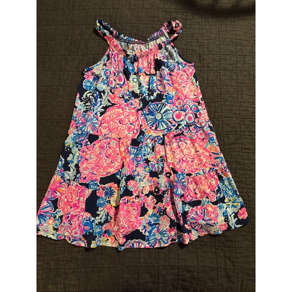 Lilly Pulitzer Girls Dress Sleeveless Tiered Ruffle Pink Blue Floral - Picture 1 of 4